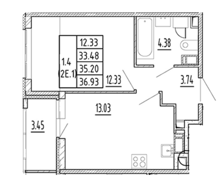 1-комнатная 35.2 м²