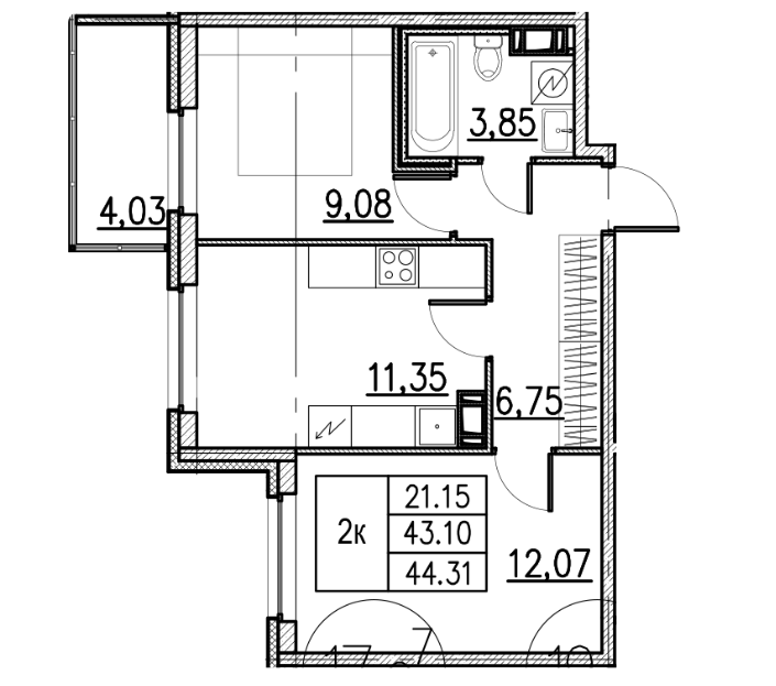 2-комнатная 44.31 м²