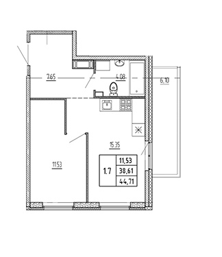 1-комнатная 40.44 м²