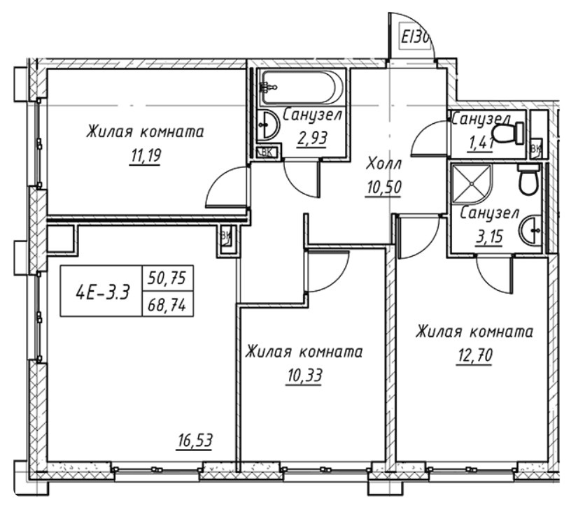 3-комнатная 68.74 м²