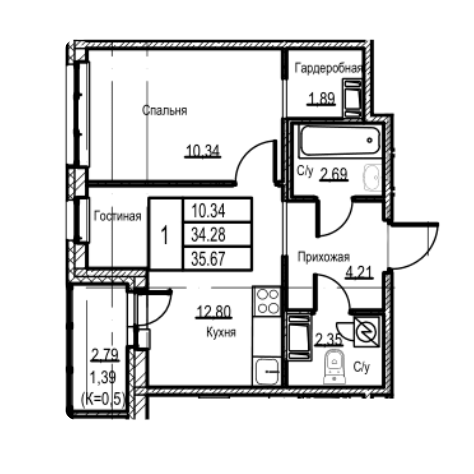 1-комнатная 35.67 м²