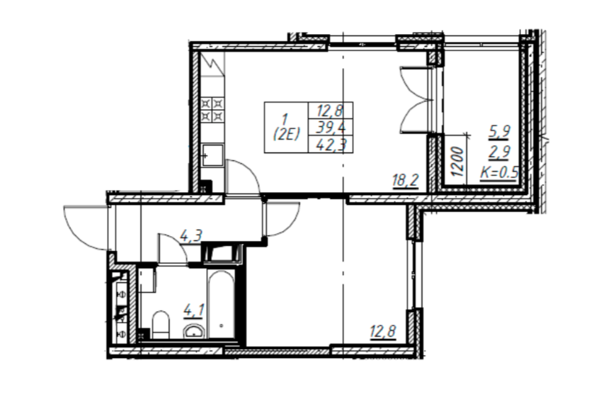 1-комнатная 42.3 м²