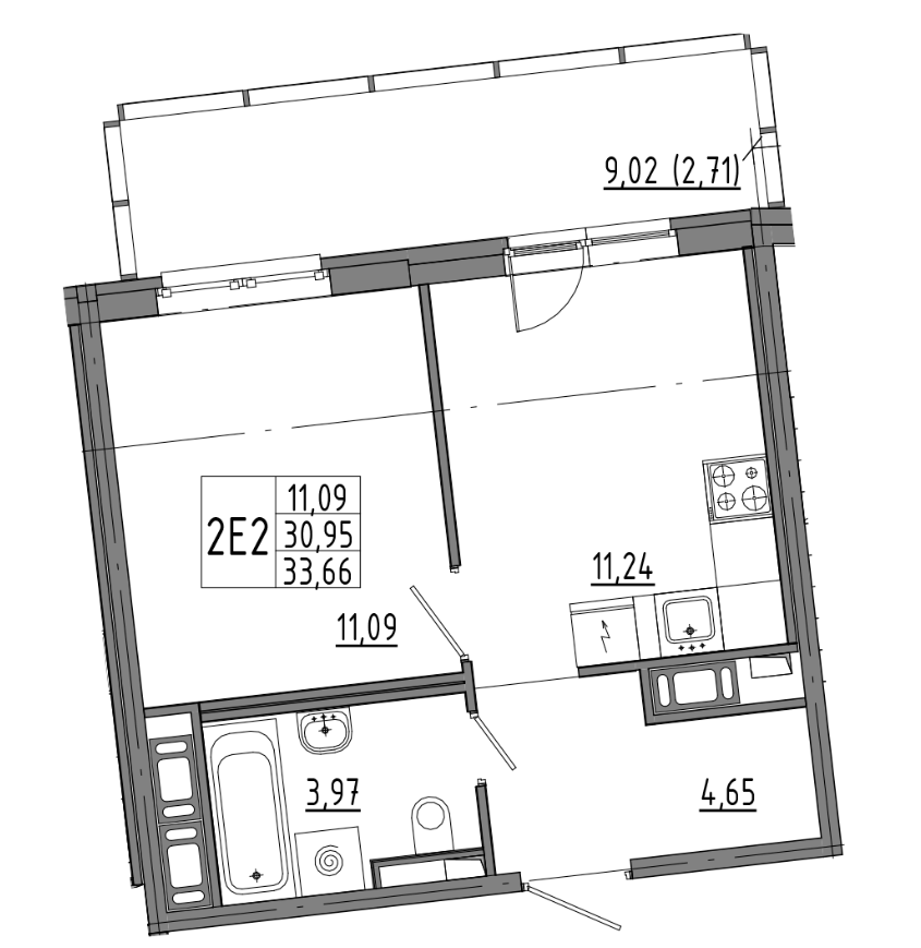 1-комнатная 33.66 м²
