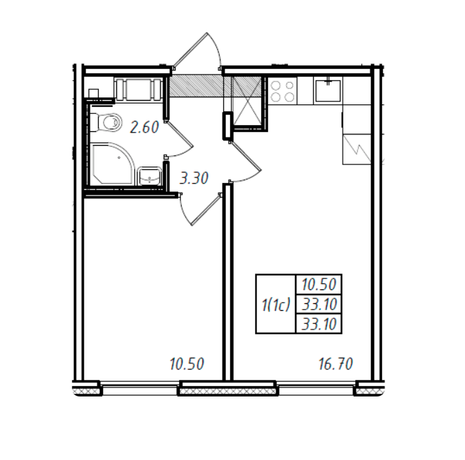 1-комнатная 33.1 м²