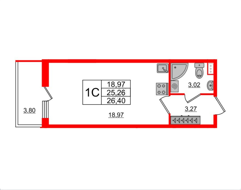 Студия 25.26 м²